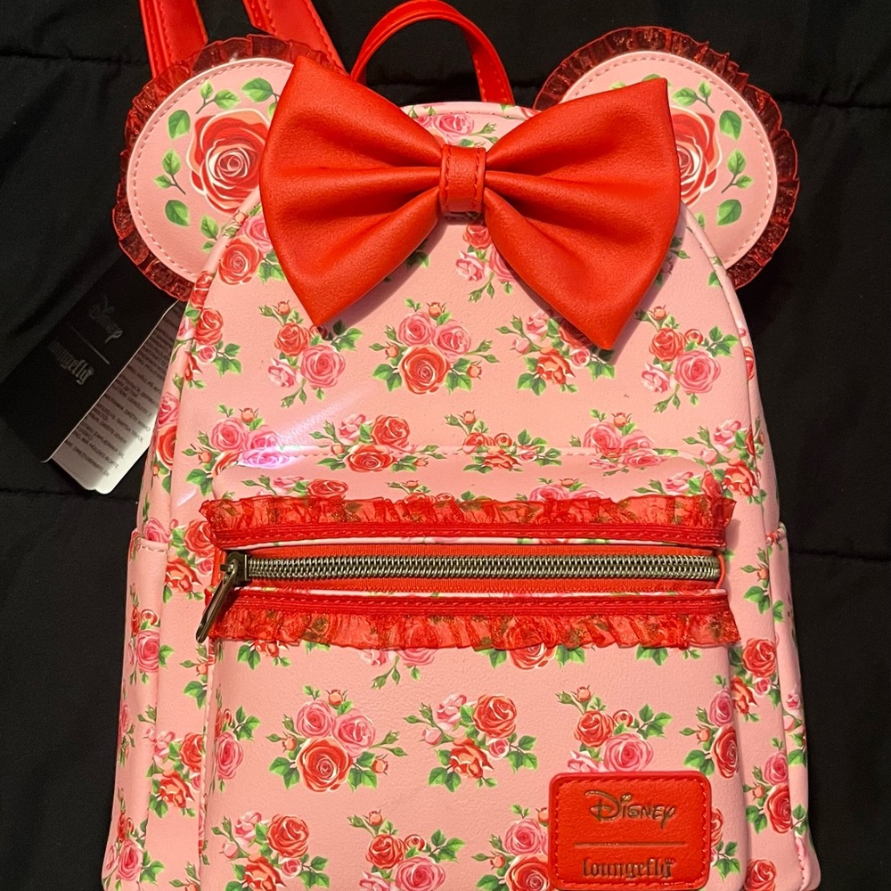 Disney Loungefly Red and Pink Floral Kids Backpack